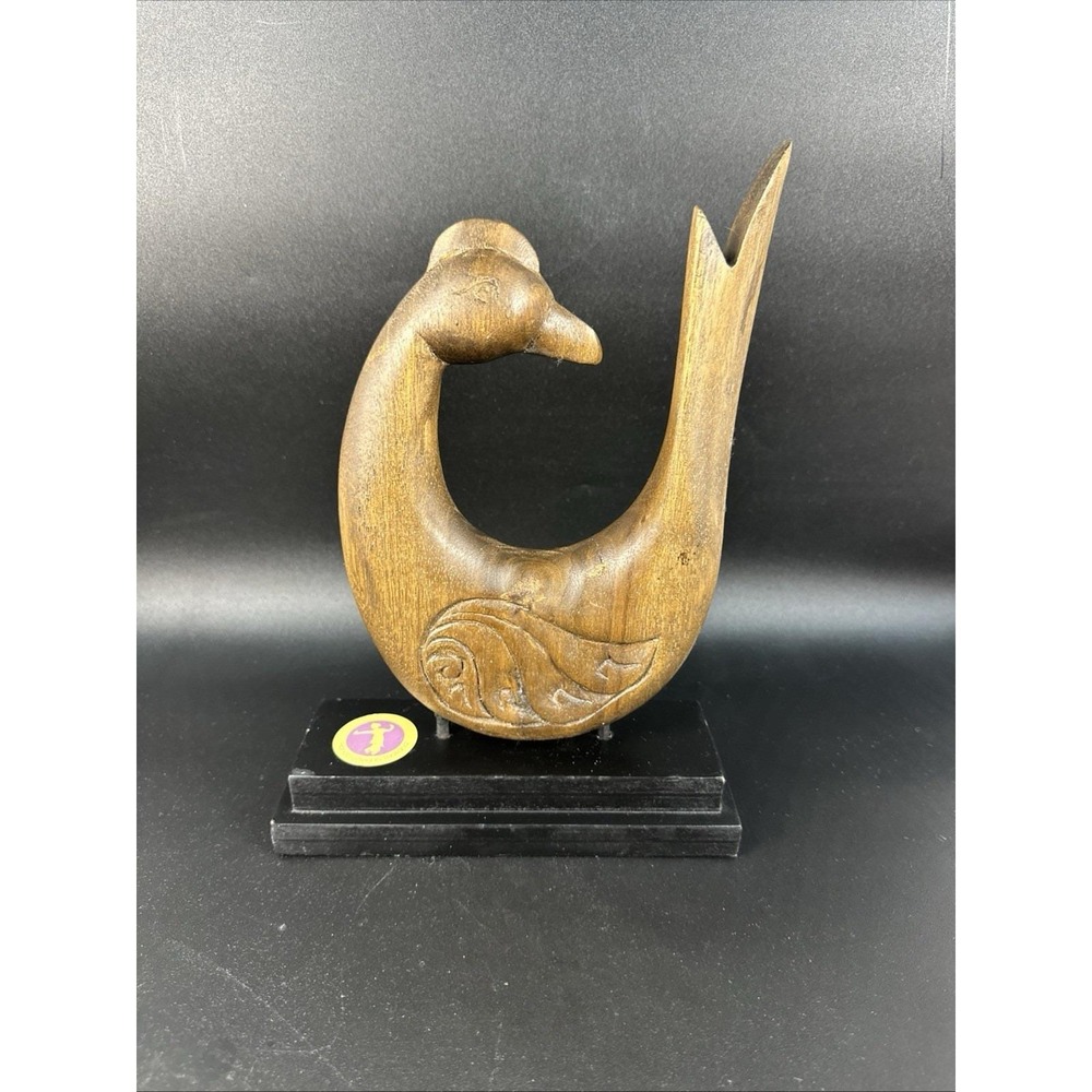 Vintage Hand Carved Wood Bird Sculpture Thailand Folk Art Black Base 11.5"